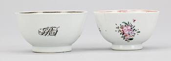 KOPPAR med FAT, 3 st, porslin. Qing dynastin, Qianlong (1736-95).