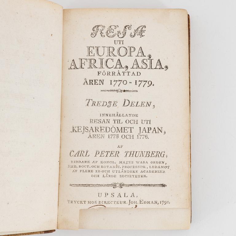 Books, four volumes,  Carl Peter Thunberg, Resa uti Europa, Africa, Asia 1770-1779. I-IV.