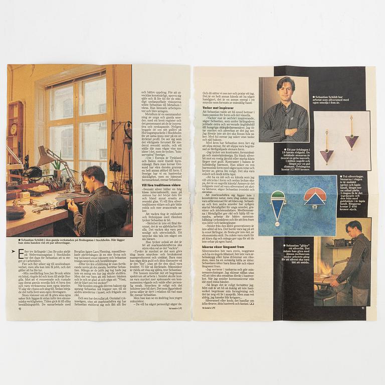 Sebastian Schildt, a pair of earrings, 18K gold with sugilite, tsavorite, and gold diamonds.