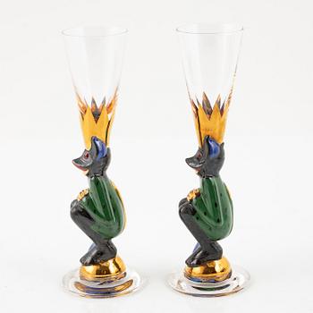 Snappsglas, 2 st, grön djävul, Gunnar Cyrén, Nobelservisen, Orrefors.