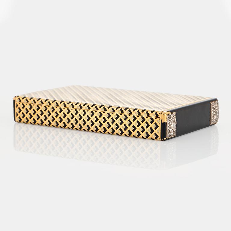 Cartier Art Deco Vanity Case 18K guld med svart emalj och baguette- och rosenslipade diamanter.