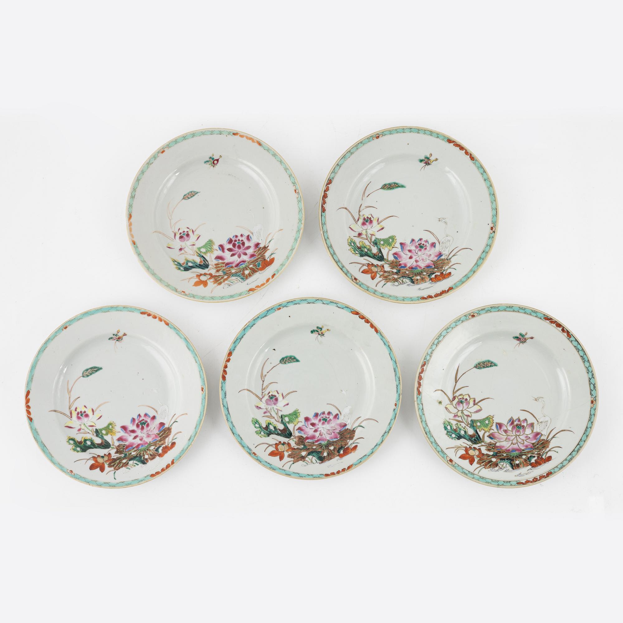 Tallrikar, 5 st, porslin, Kina, Qianlong (1736-95).