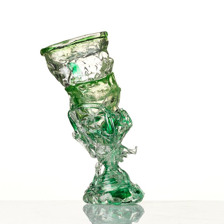 Fredrik Nielsen, a green tinted glass vase/sculpture, his own studio, Sweden, 2024.