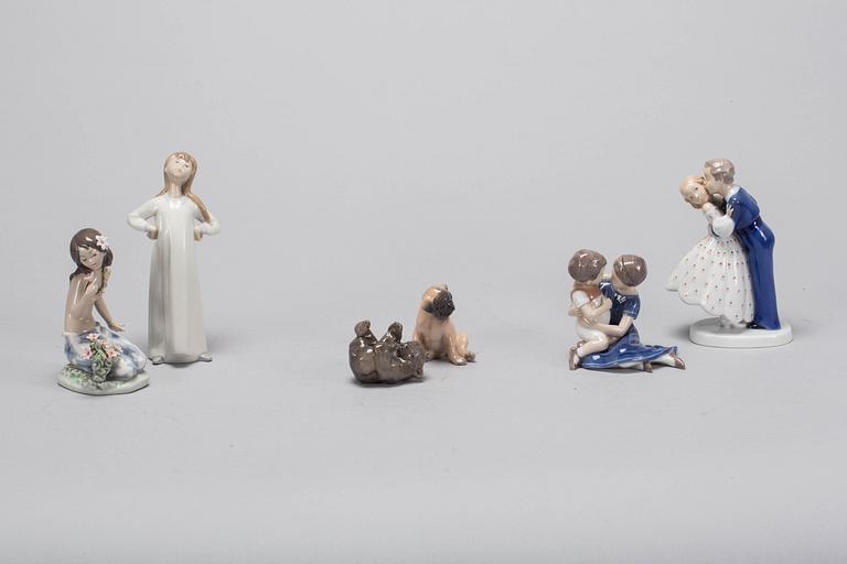 FIGURINER, 6 st, porslin, Lladró, Bing och Gröndahl och Royal Copenhagen.