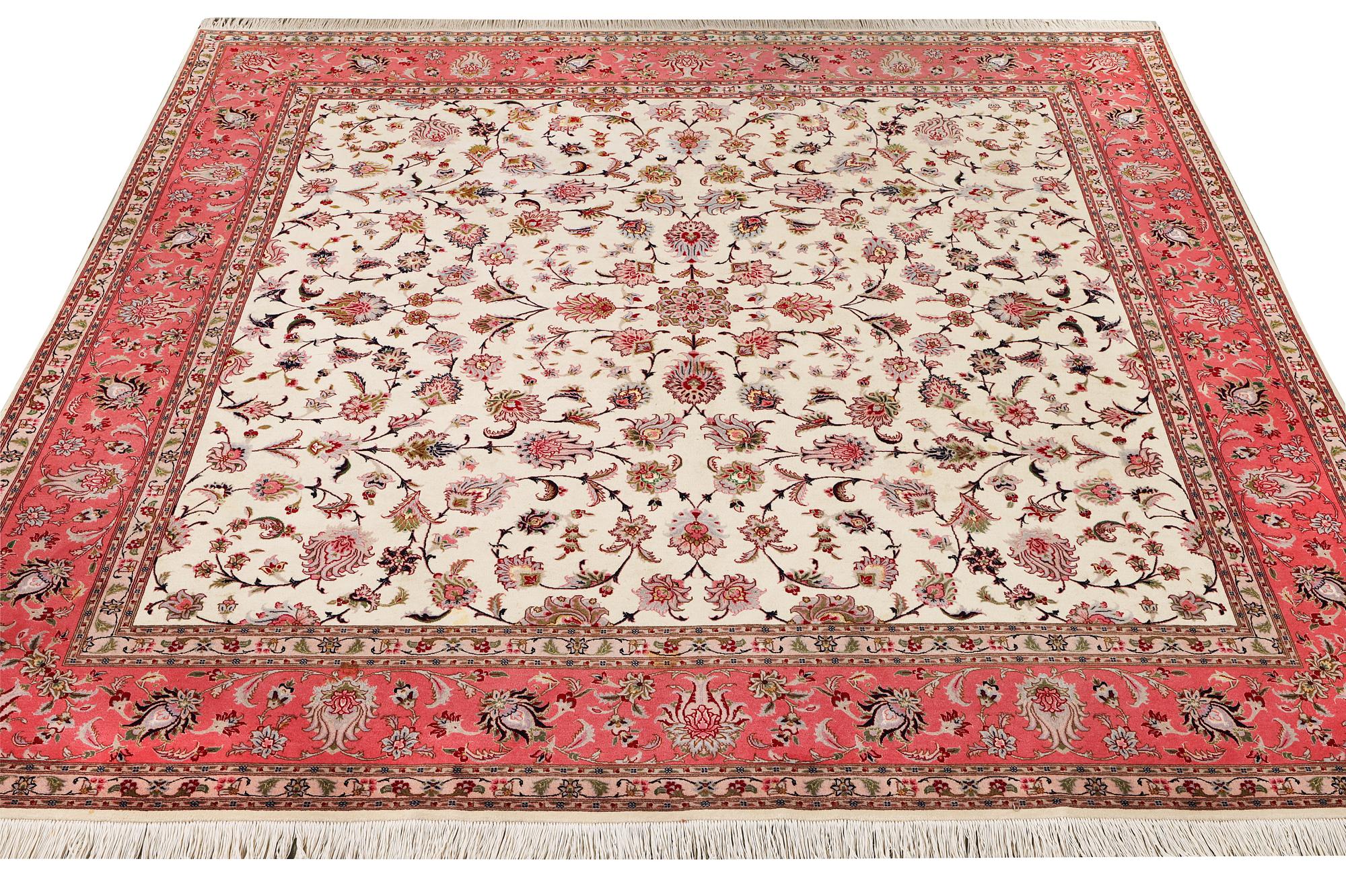 An old Tabriz carpet, part silk, 60 raj, c. 253 x 250 cm.