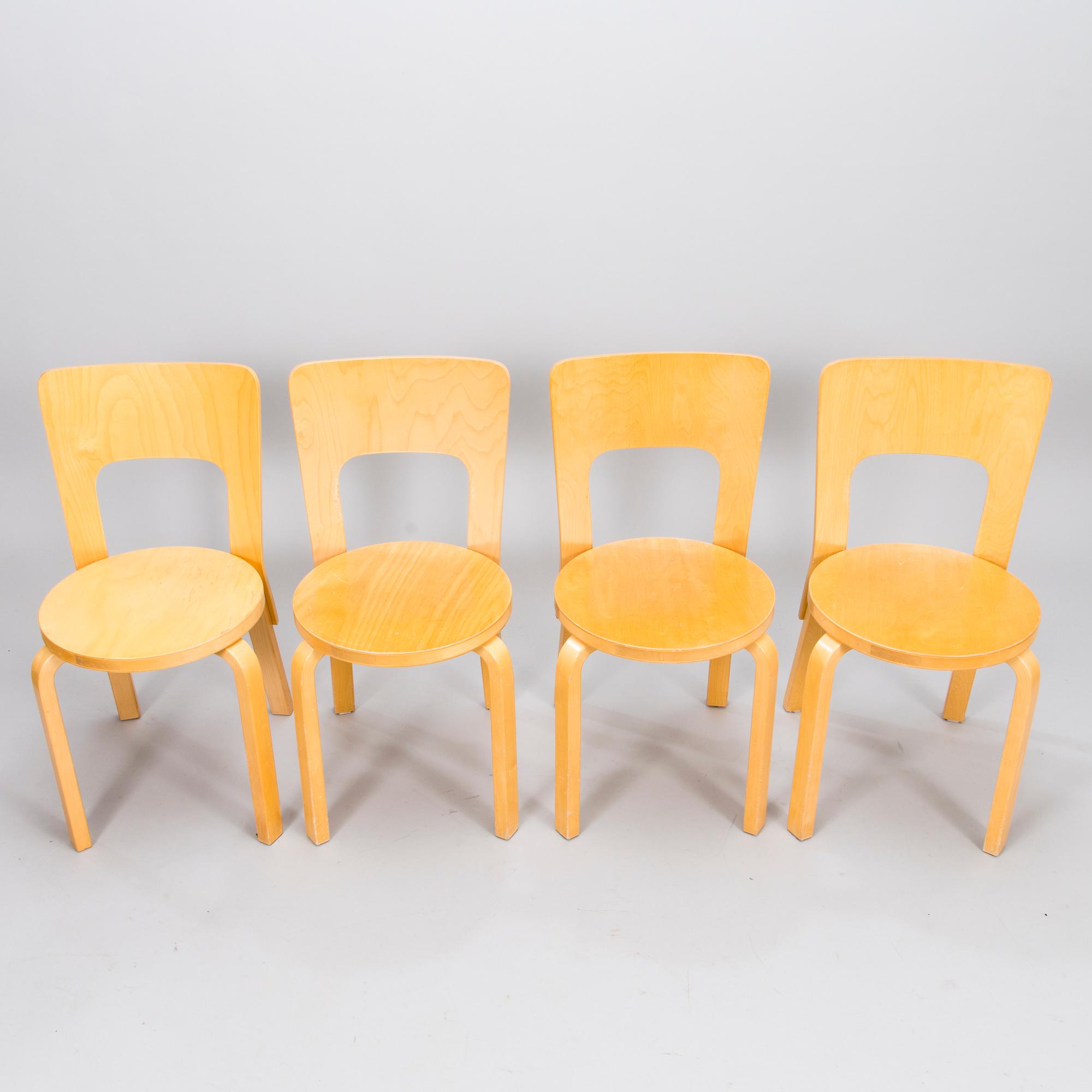 ALVAR AALTO, TUOLEJA, 4 kpl, malli 66, JAKKARA, malli 60, Artek 1900-luvun loppupuoli.