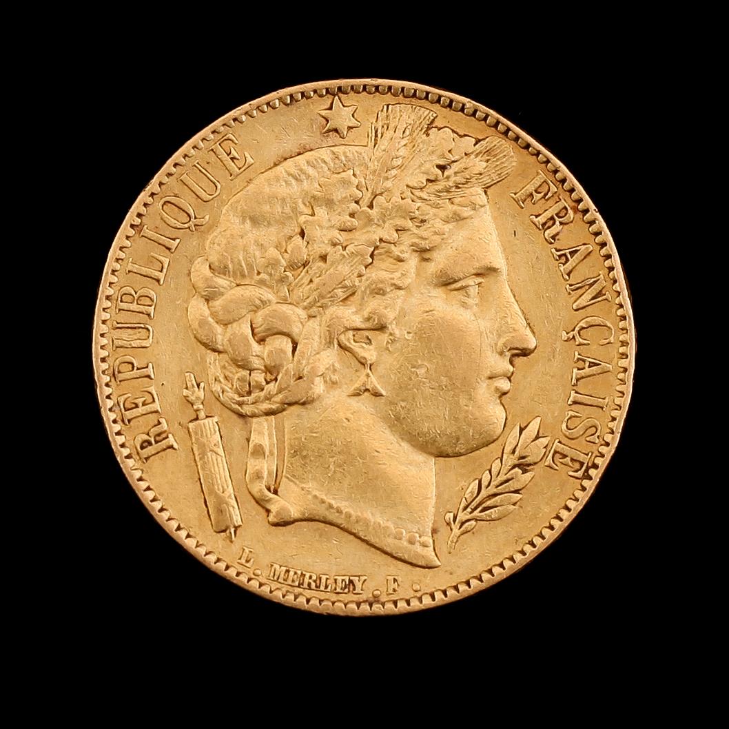 GULDMYNT, 20 franc, Frankrike 1850. Vikt ca 6 gram.