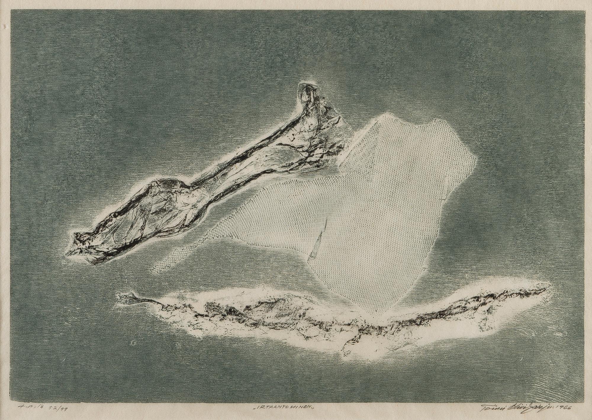 TOIMI KIVIHARJU, puupiirros, signeerattu, numeroitu tpl'a 52/99 ja päivätty 1966.