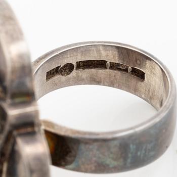 Two rings, silver with turquoise-coloured stones, KI Johansson, Gothenburg 1968 and Finland.