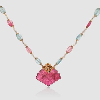 1315. A tourmaline, aquamarine, cultured pearl and brilliant-cut diamond necklace. Total carat weight circa 0.35 cts.