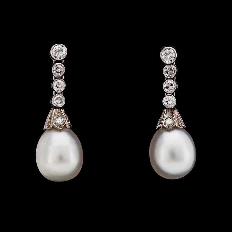 A pair of natural pearl, 8,3 mm,  and diamond earrings.