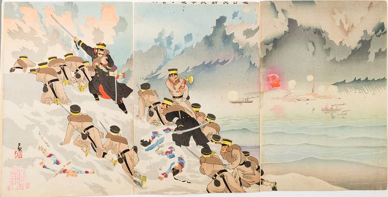 Two Japanese triptychs, colour woodblock prints, "Russian-japanese war".