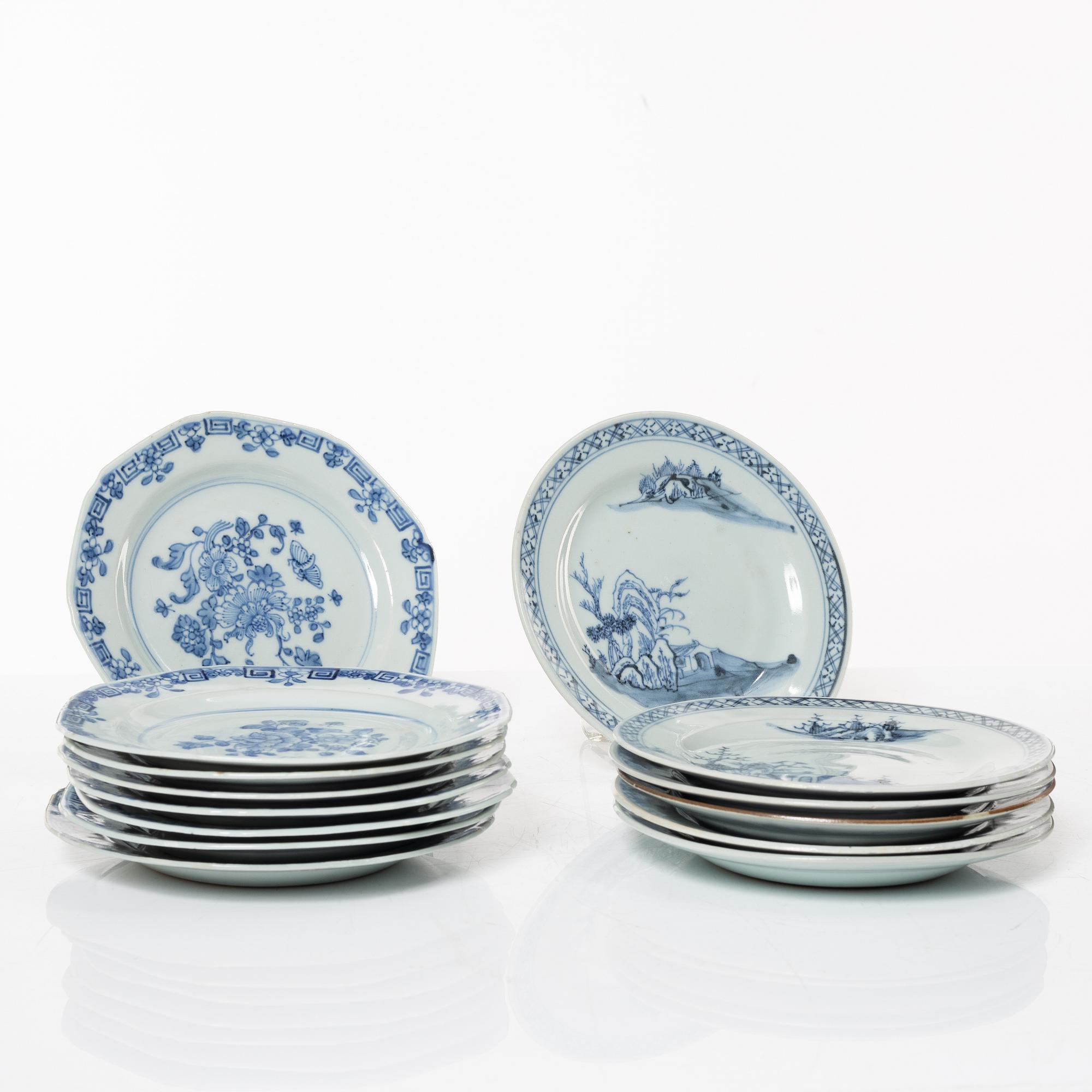 A group of 14 Chinese porcelain dessert dishes and a famile rose sauce boat, Qing dynasty, Qianlong (1736-95).