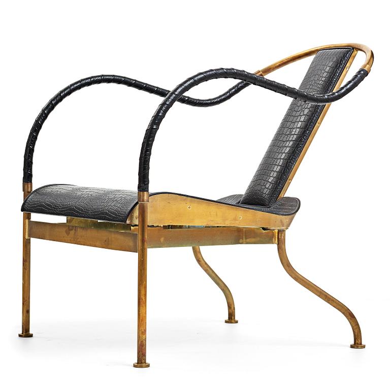 Mats Theselius, an "El Rey" brass and black leather armchair, Källemo, Sweden post 1999.