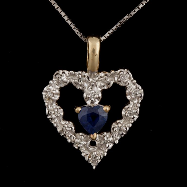 HALSSMYCKE, 14k vitguld, hänge med hjärtformad safir och diamanter. Vikt 2,6g.