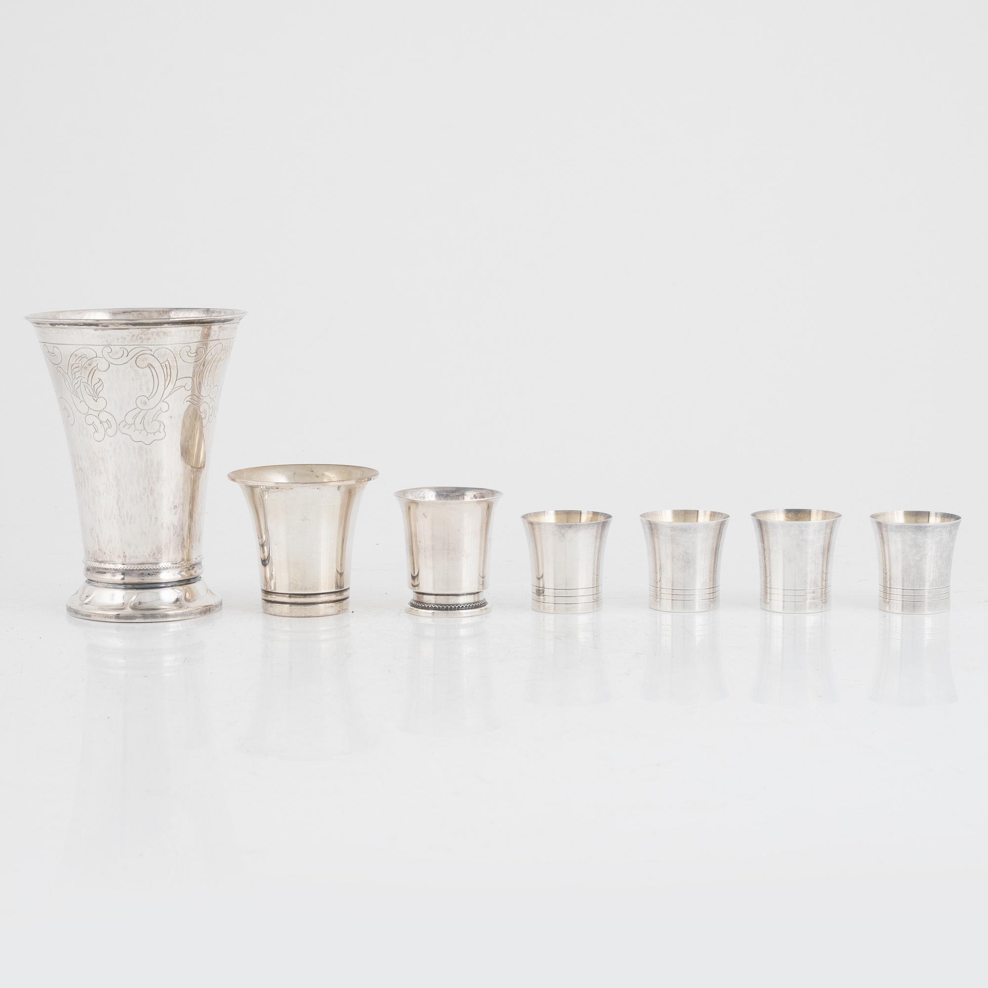 Bägare och supkoppar, 7 st, silver, Sverige 1929-66.