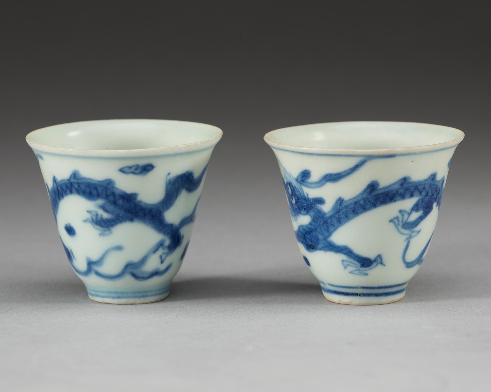 A pair of blue and white wine cups, Ming dynasty, 17th Century.