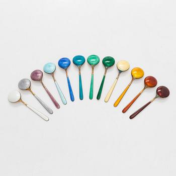 Tillander, glasskedar, 12 st, emalj, förgyllt silver, Helsingfors 1966. I originalask.