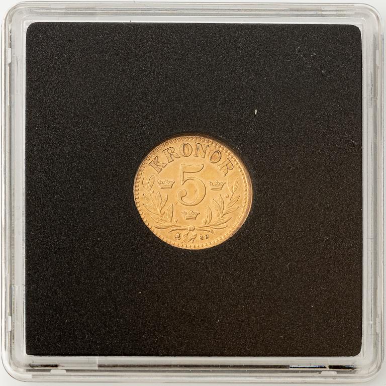 Guldmynt, Oscar II, 5 kronor, typ I, Sverige 1886.