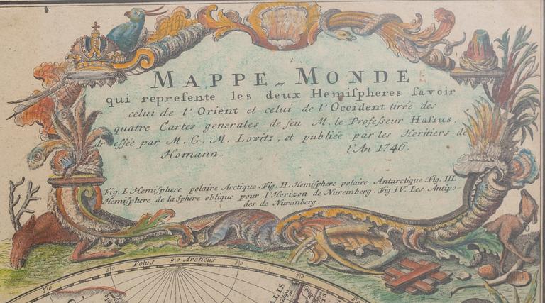 Map of the world, hand colored engraving, Homann Heirs, Nürnberg 1746.