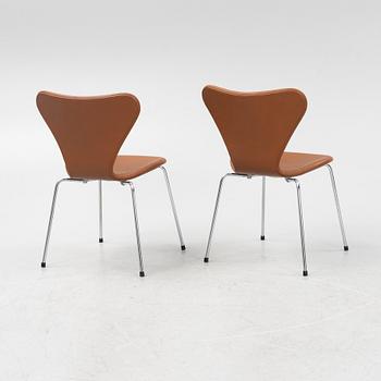 Arne Jacobsen, six 'Series 7' chairs with new leather upholstery.