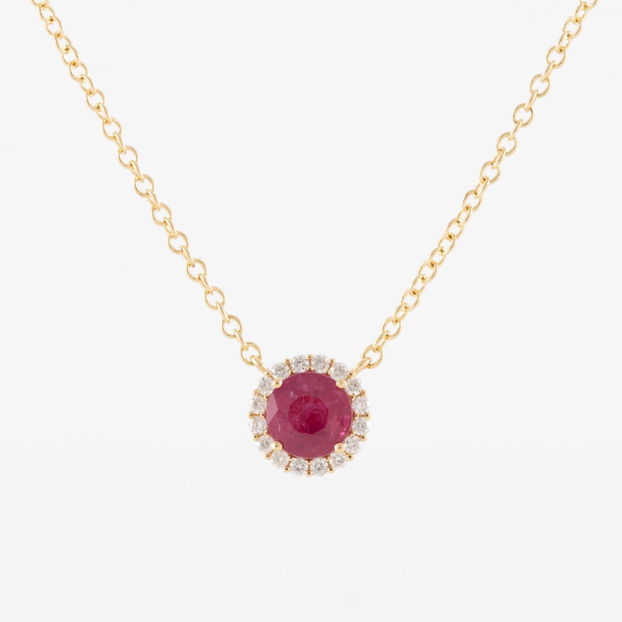 Necklace 18K gold with ruby and brilliant-cut diamonds.