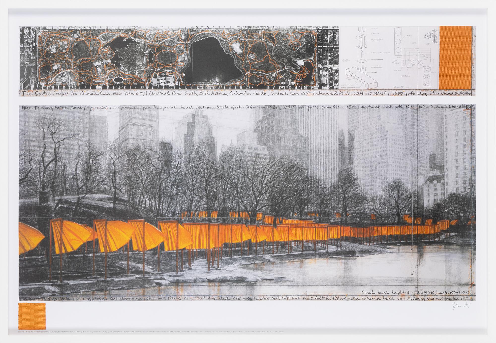 Christo & Jeanne-Claude, färgoffset med kollage av tyg, 2013, signerad med blyerts.