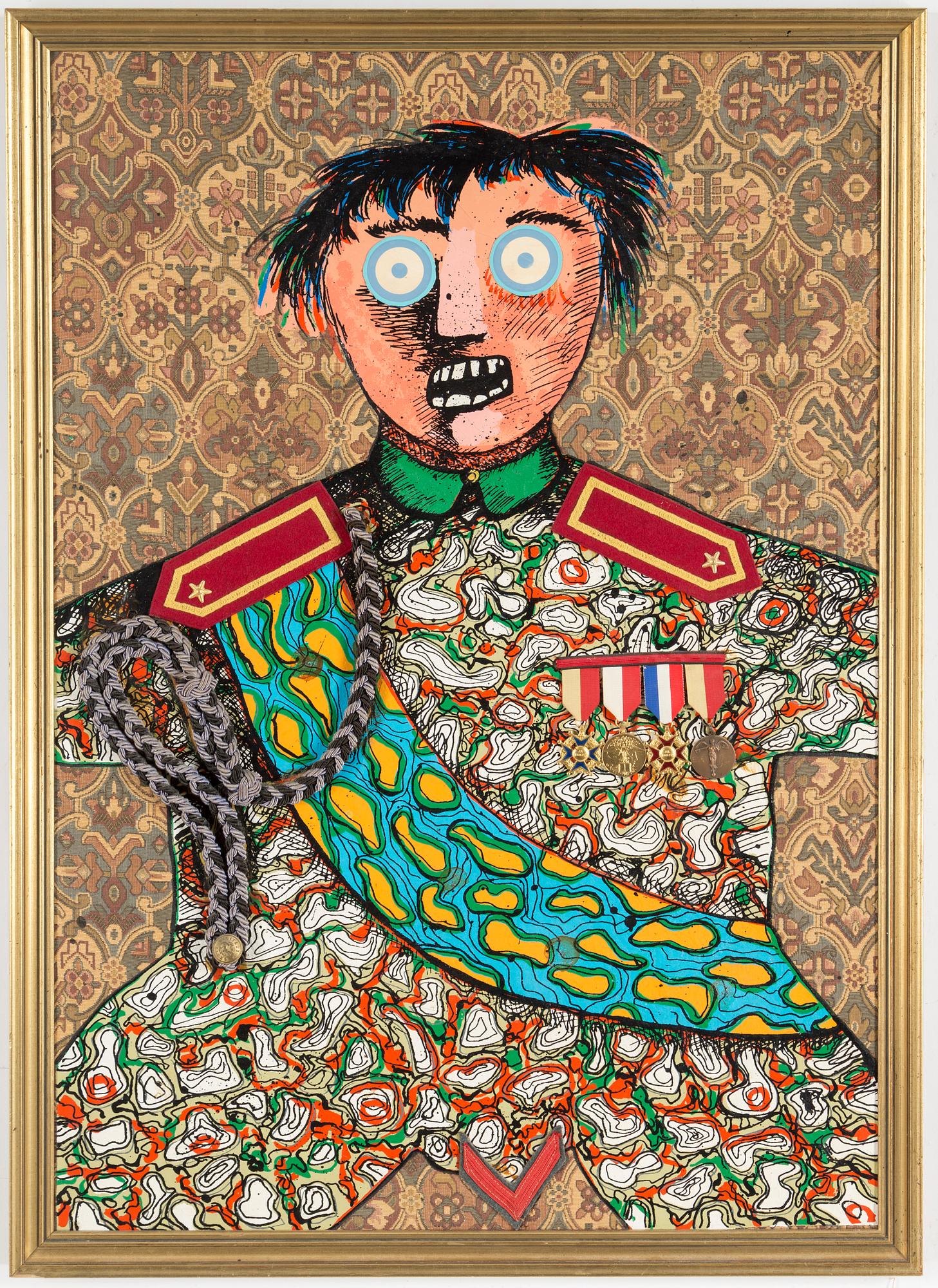 ENRICO BAJ, mixed media and collage on fabric and lithograph.