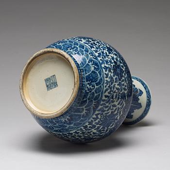 A blue and white vase, late Qing dynasty with Qianlong mark.