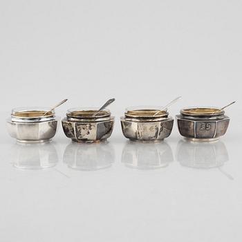 Viktor Lindman, four silver salt cellard with silver spoons, Helsinki, Finland, 1912.