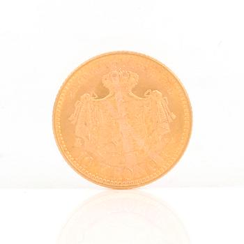GULDMYNT, 10 kronor, Oscar II av Sverige och Norge 1901. Vikt ca 4,5 gram.