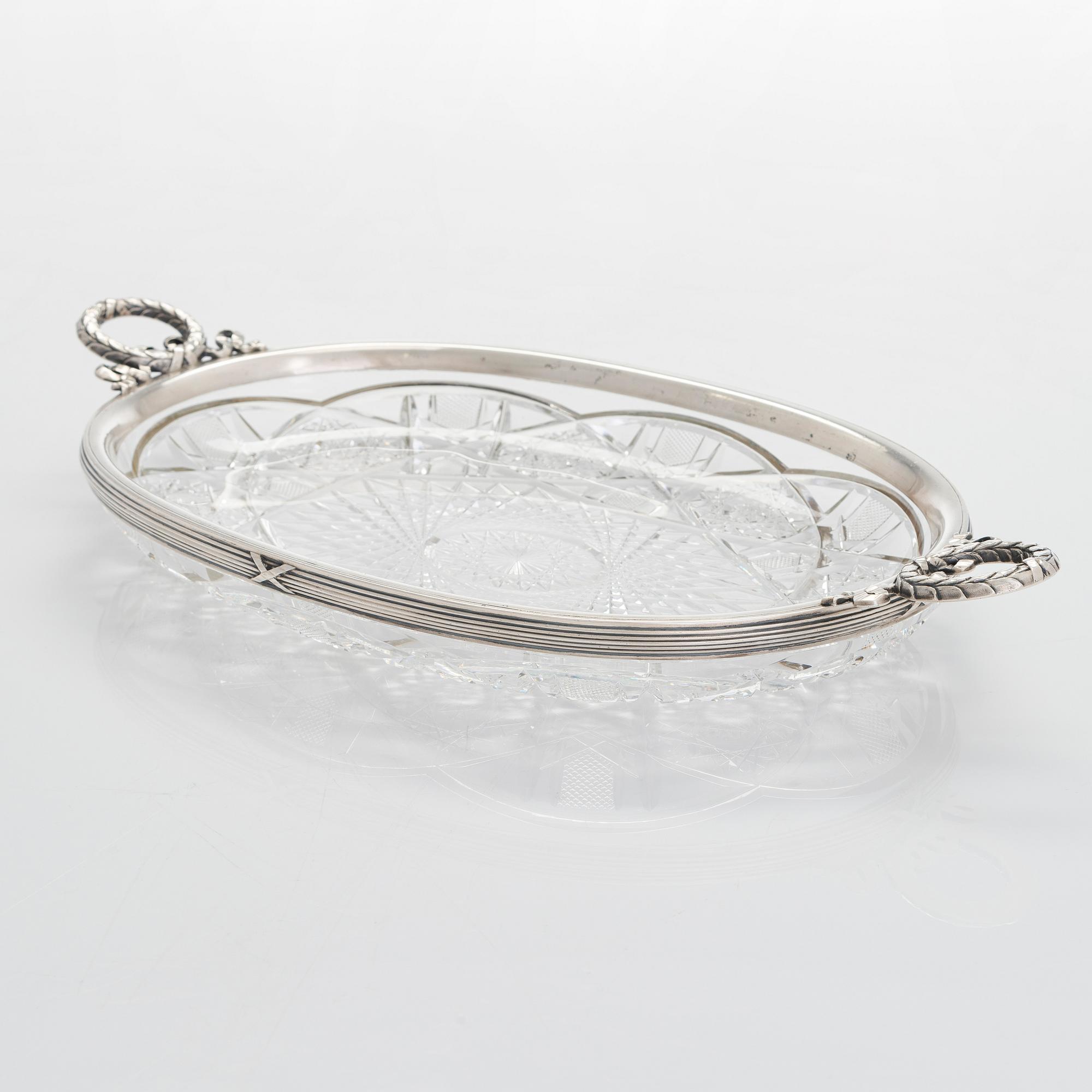 Fabergé, a silver-mounted cut glass serving dish, Imperial Warrant mark, Moscow 1908-1917.