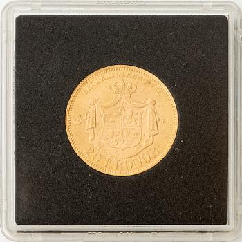 Gold coin, Oscar II, 20 kronor, type I, Sweden 1873.