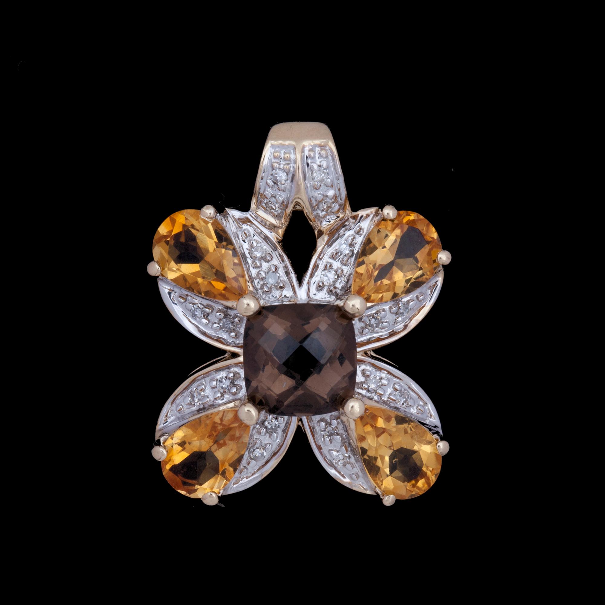 HÄNGE, 14k guld med gul citrin, rökkvarts och små diamanter. Vikt 3g.