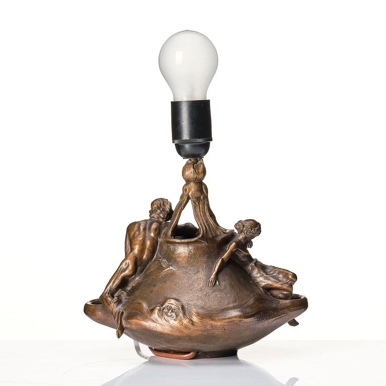 Alice Nordin, a patinated bronze table lamp, Fonderia Artistica Gusmano Vignali, Florence, ca 1903-04.