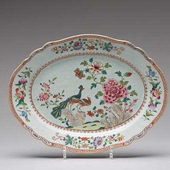 A 'Double Peacock' serving dish and two plates, Qing dynasty, Qianlong (1736-95).