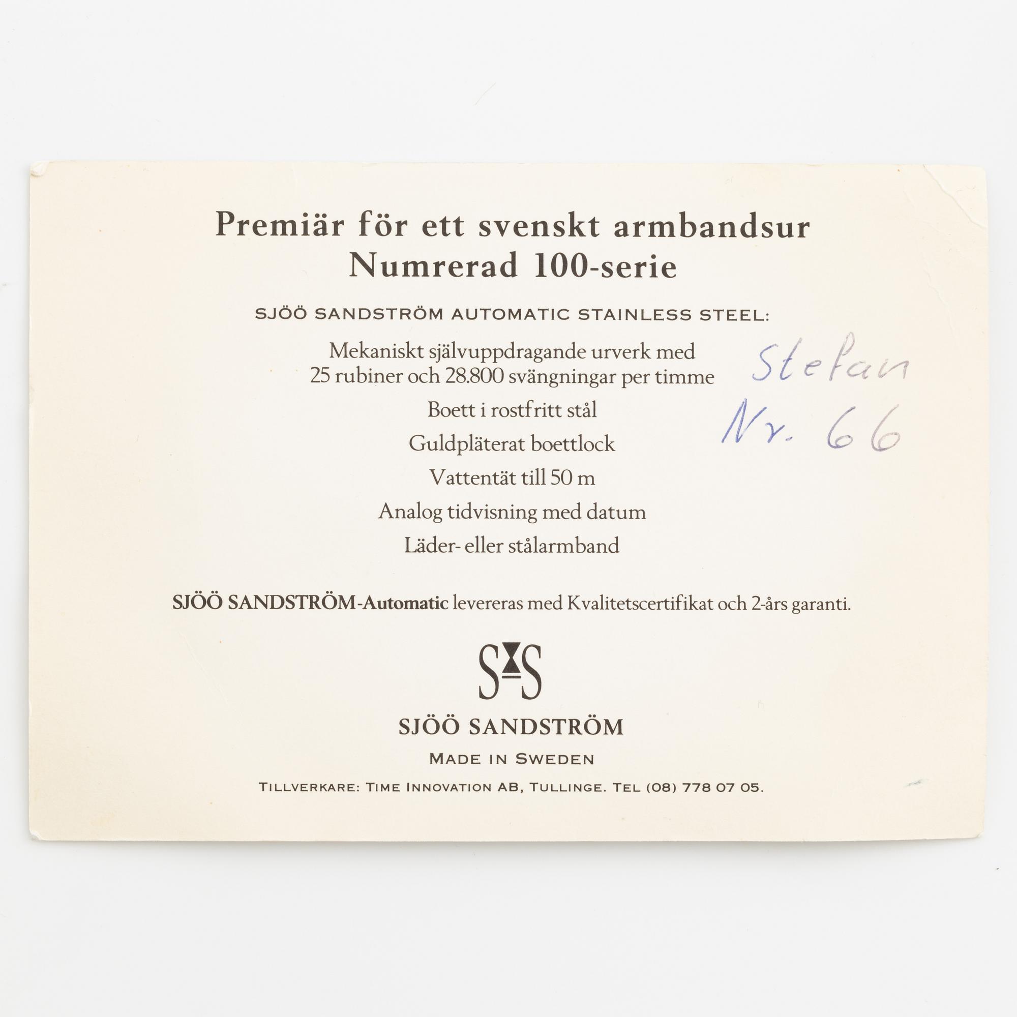Sjöö Sandström, Automatic, "First watch - number 66 of 100", armbandsur, 37 mm.