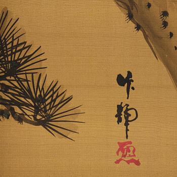 A Japanese two fold screen, Byobu, early 20th century, by unknown artist, signature perhaps to be read as Sakuho.