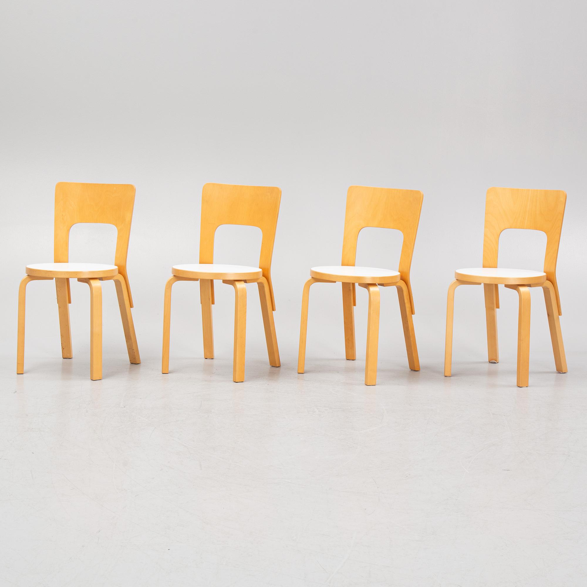 Alvar Aalto, stolar, 4 st, modell 66, Artek, Finland, 1900-talets slut.