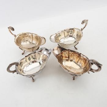 Sauceboats 4 similar Rococo-style silverplate early 20th century.
