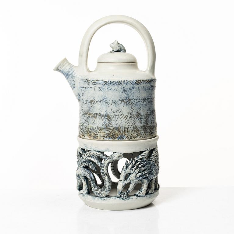 Astrid Anderberg, Tekanna med rechaud, stengods, signerat, 1984.