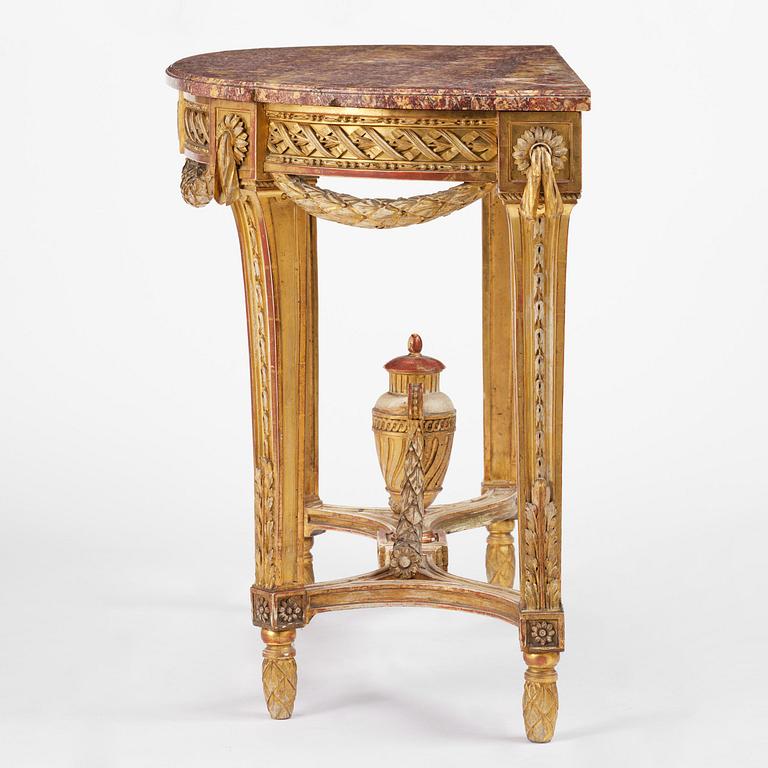 A Gustavian carved giltwood and marble console table, Stockholm, late 18th century.
