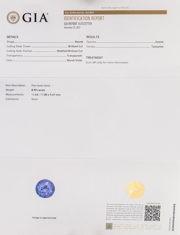 Sormus, 14K kultaa, modifioitu briljanttihiottu tanzaniitti ja timantteja. GIA-todistus.