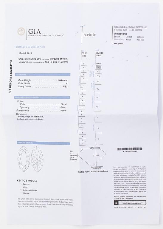 Ring, platina med markisslipad diamant ca 1.84 ct.