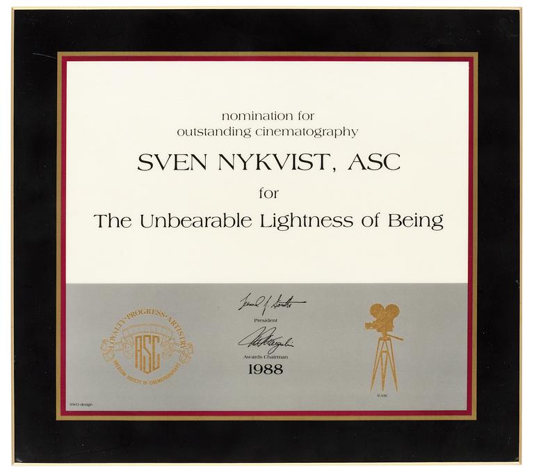 A NOMINATION PLAQUE, from American Society of Cinematographers. 1988.