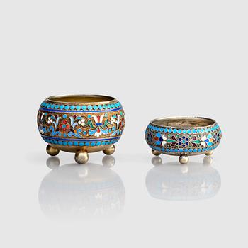 297. Two Russian spice/salt-cellars, parcel-gilt silver and enamel, mark of Ivan Saltykov and Ivan Sergeyevich Lebedkin.