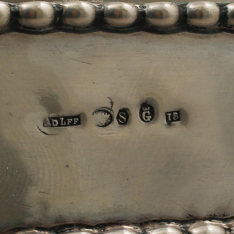 ASKFAT, ett par, samt TÄNDSTICKSASKFODRAL, silver och glas, Adolf Landoff, Göteborg, 1935/1936.