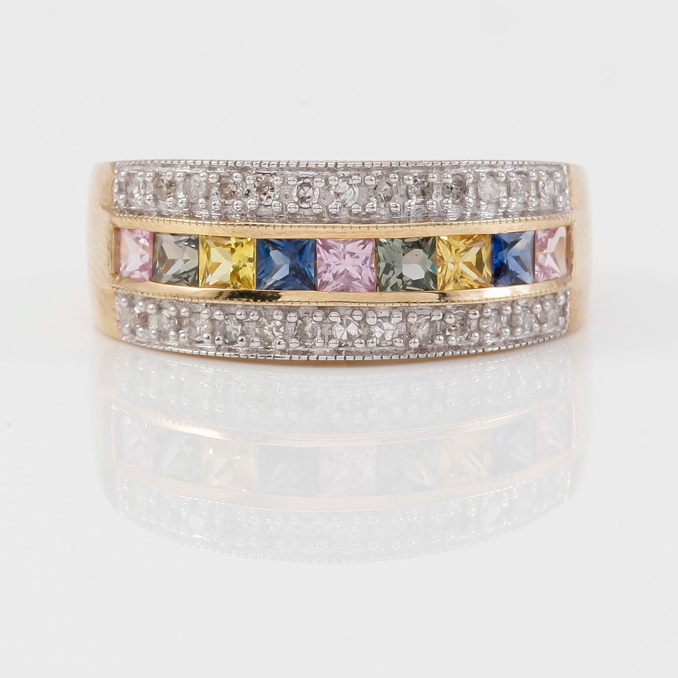 RING, 10K guld, diamanter tot ca 0.20 ct. och flerfärgade safirer.