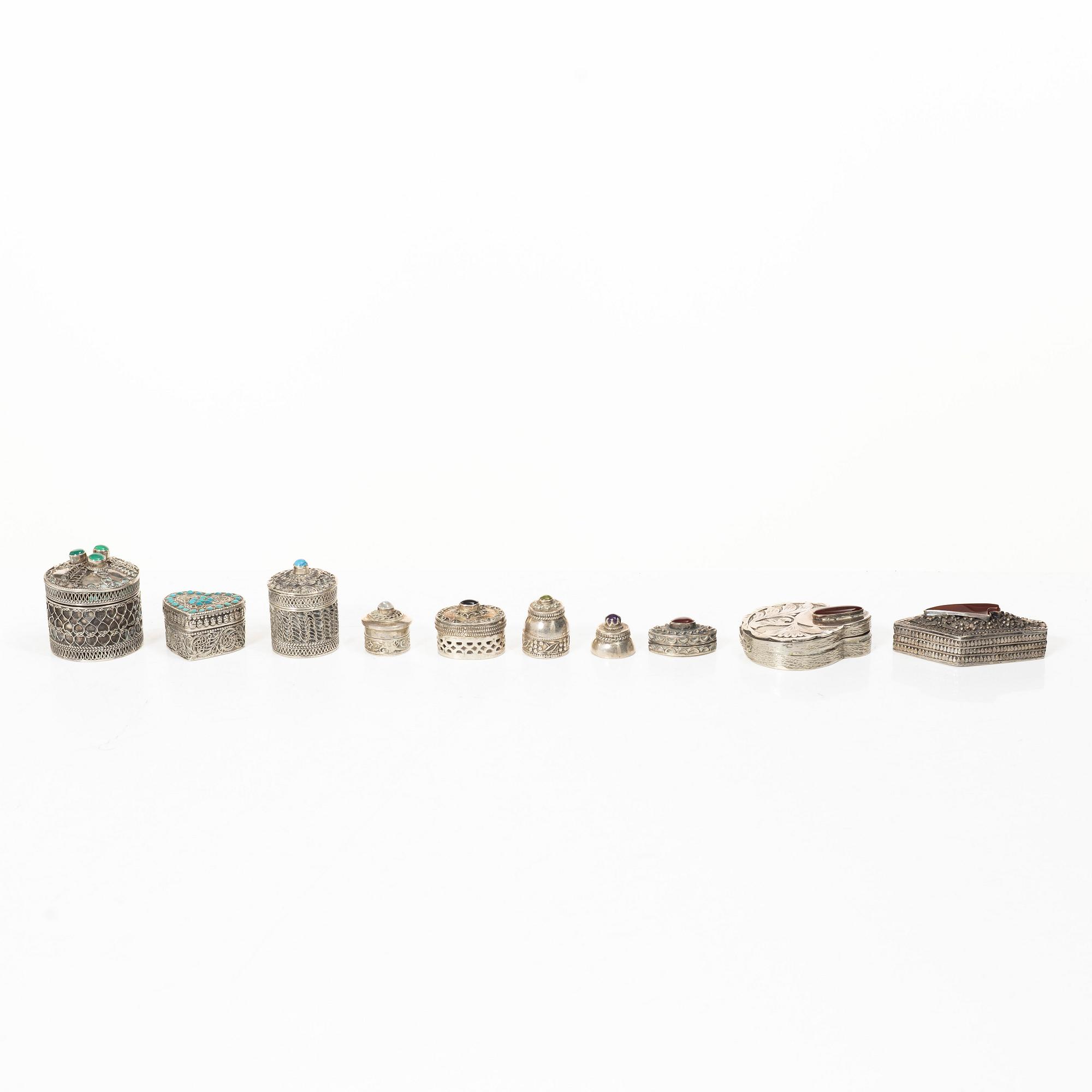 Boxes, 10 pcs, silver, with stones, 20th century.