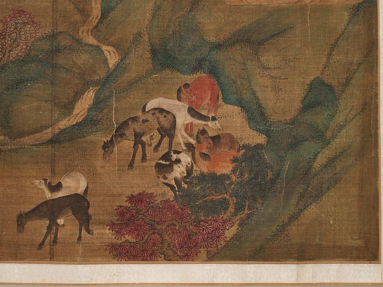 A long scroll painting after Zhao Yong (Zhao Zhongmu 1289-1369), ink and colour on paper and on silk, Qing dynasty.